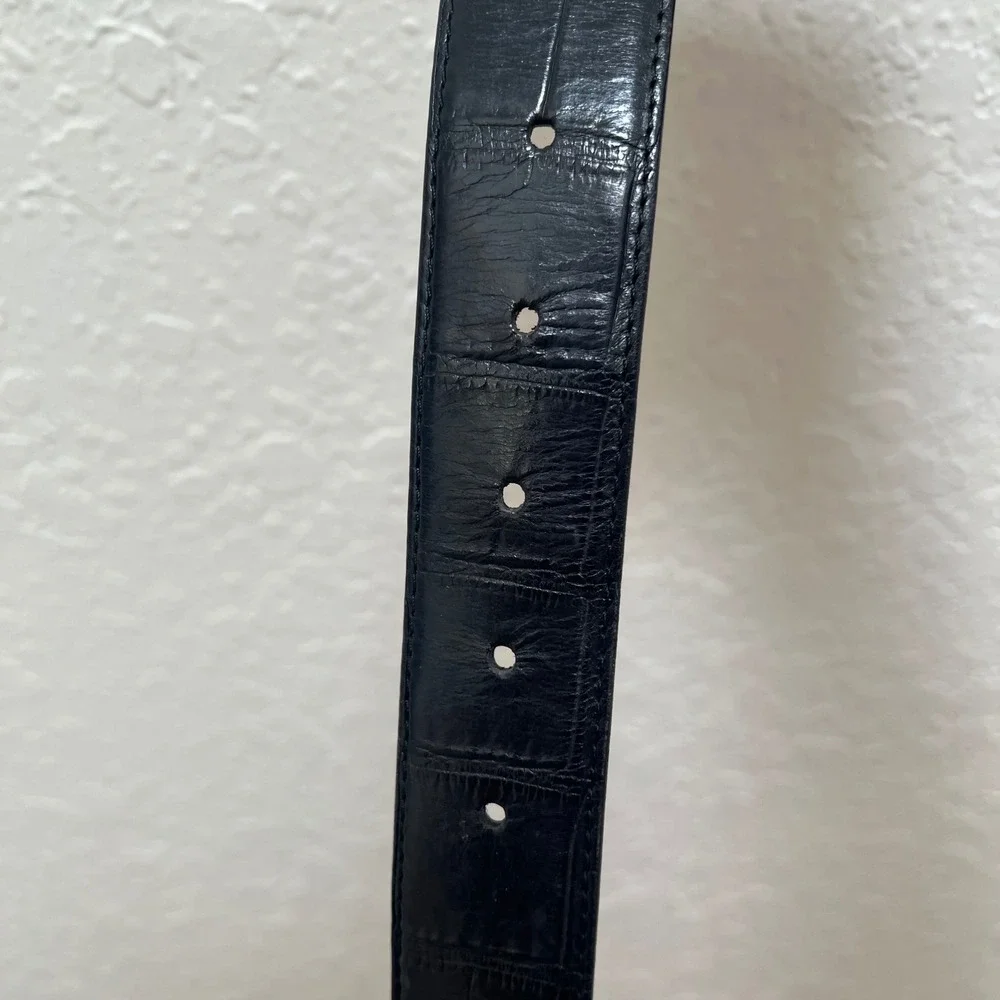 Brighton Black Leather Woven Croc‎ Embossed Belt Silver Engraved Hardware Womens